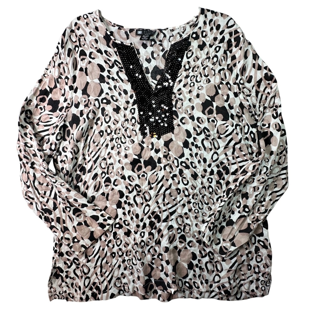 Carole Little‎ Woman Animal Print Sequin V-Neck Linen Tunic Blouse 1X Tan Black